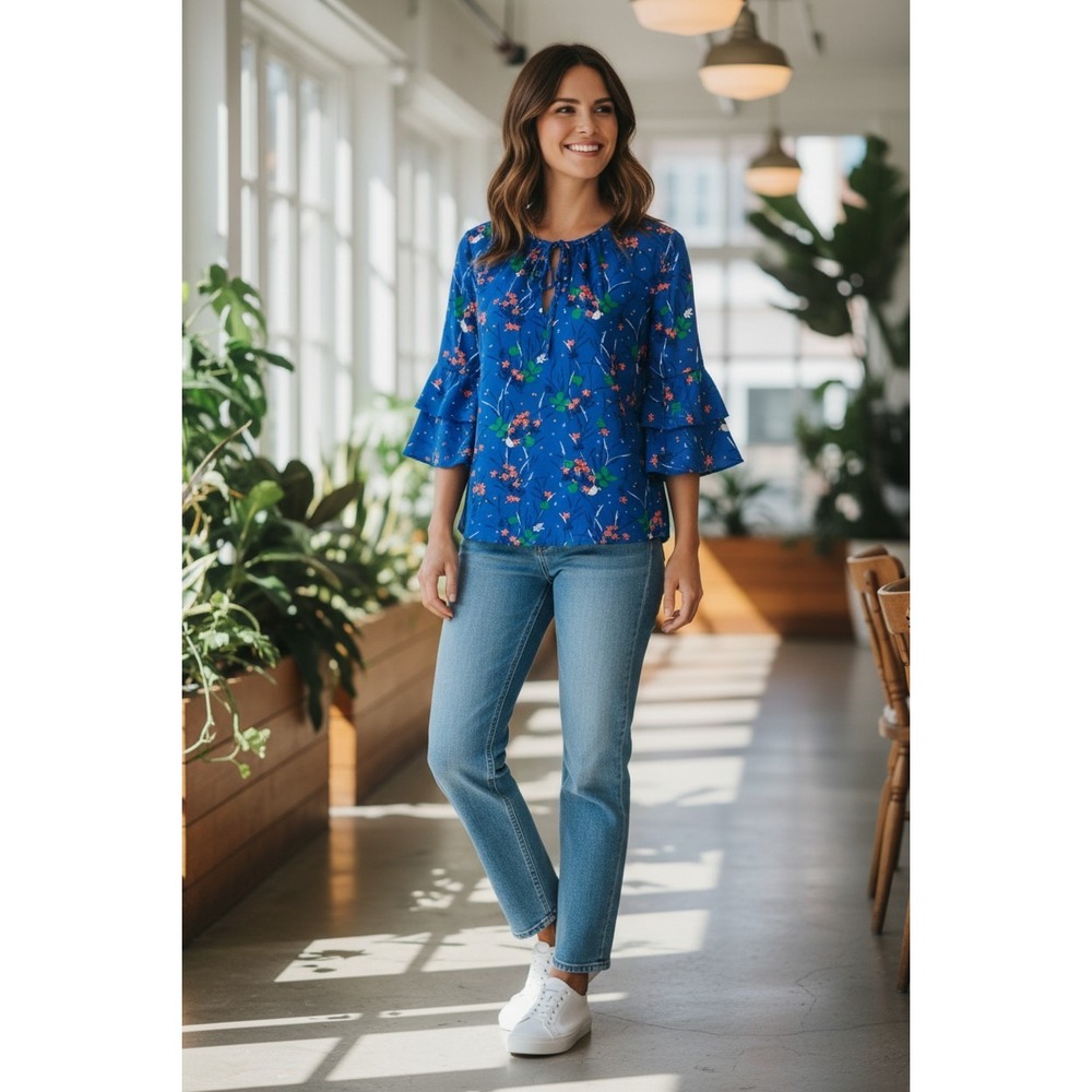 Gap Floral Blouse Womens Blue Tiered Ruffle Sleeve Tie Neck Medium